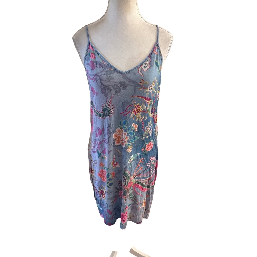 JOHNNY WAS Blue Pima Cotton Floral Slip Tan Dress Size Extra Small